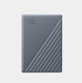 A grey WD My Passport external hard drive with a textured diagonal design.