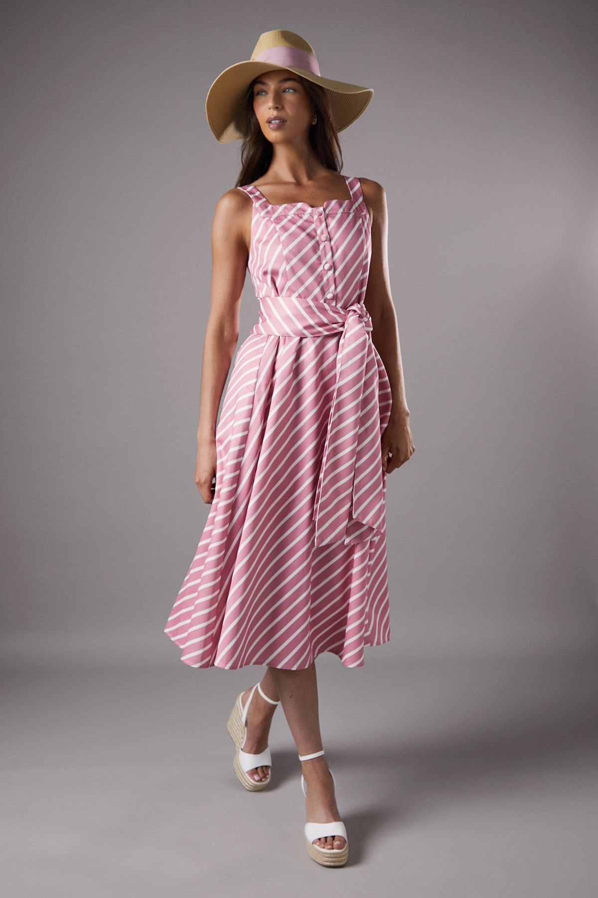 Lisa Tan Diagonal Stripe Belted Midi Dress