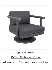 Grey aluminum swivel outdoor lounge chair. Image Text: QUICK SHIP POVL Outdoor Vorso Aluminum Swivel Lounge Chair