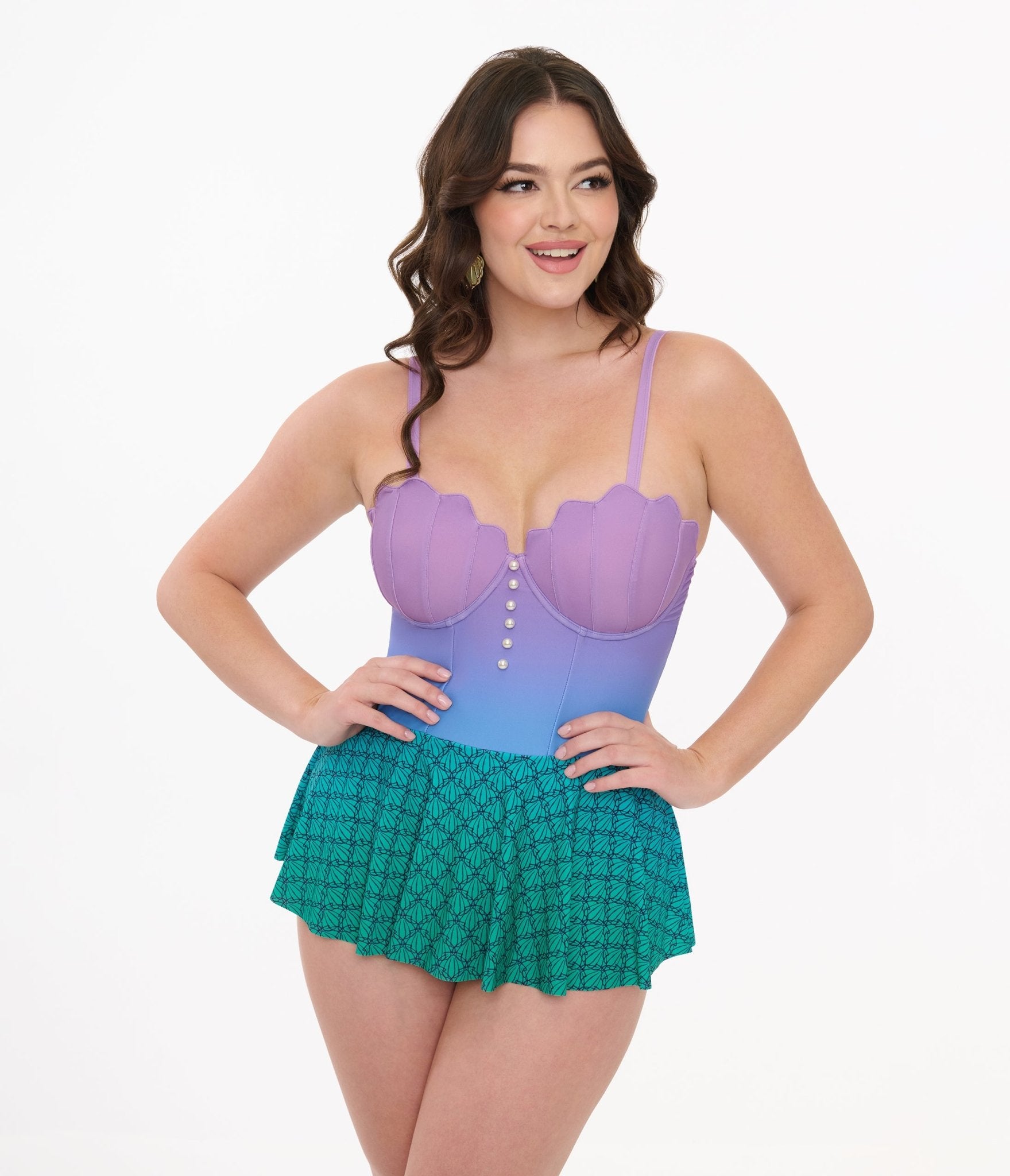 Image of Disney Princess Collection by Unique Vintage Ombre Skirted One Piece Ariel Swimsuit