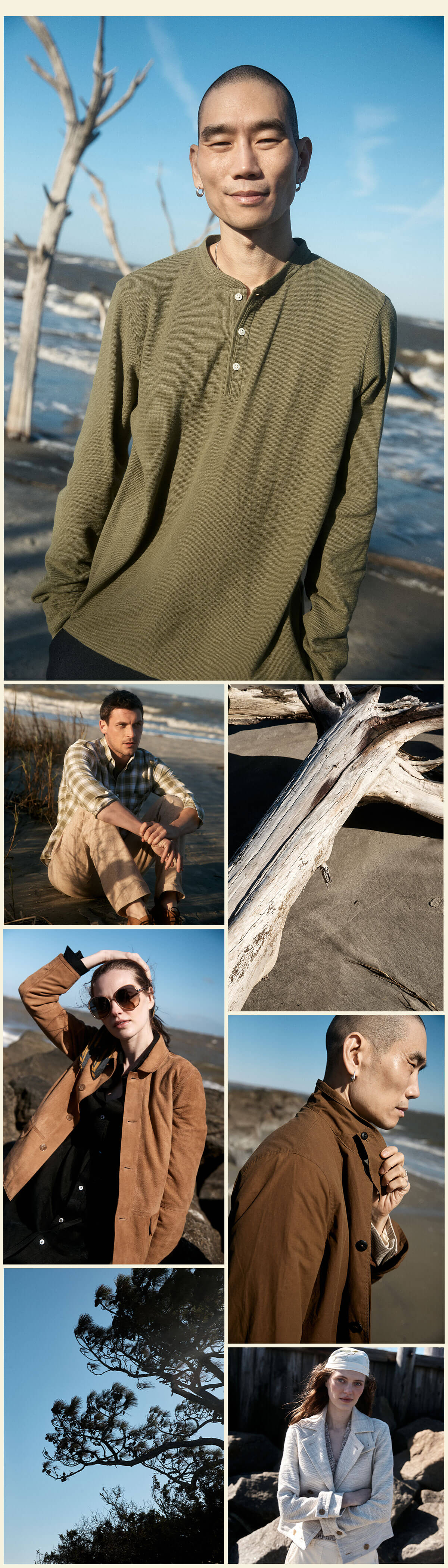 Models wear Billy Reid pieces in earth tones.