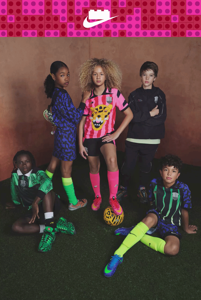 A gif cycling through images of young footballer wearing the Nike Football x LEGO® Collection.