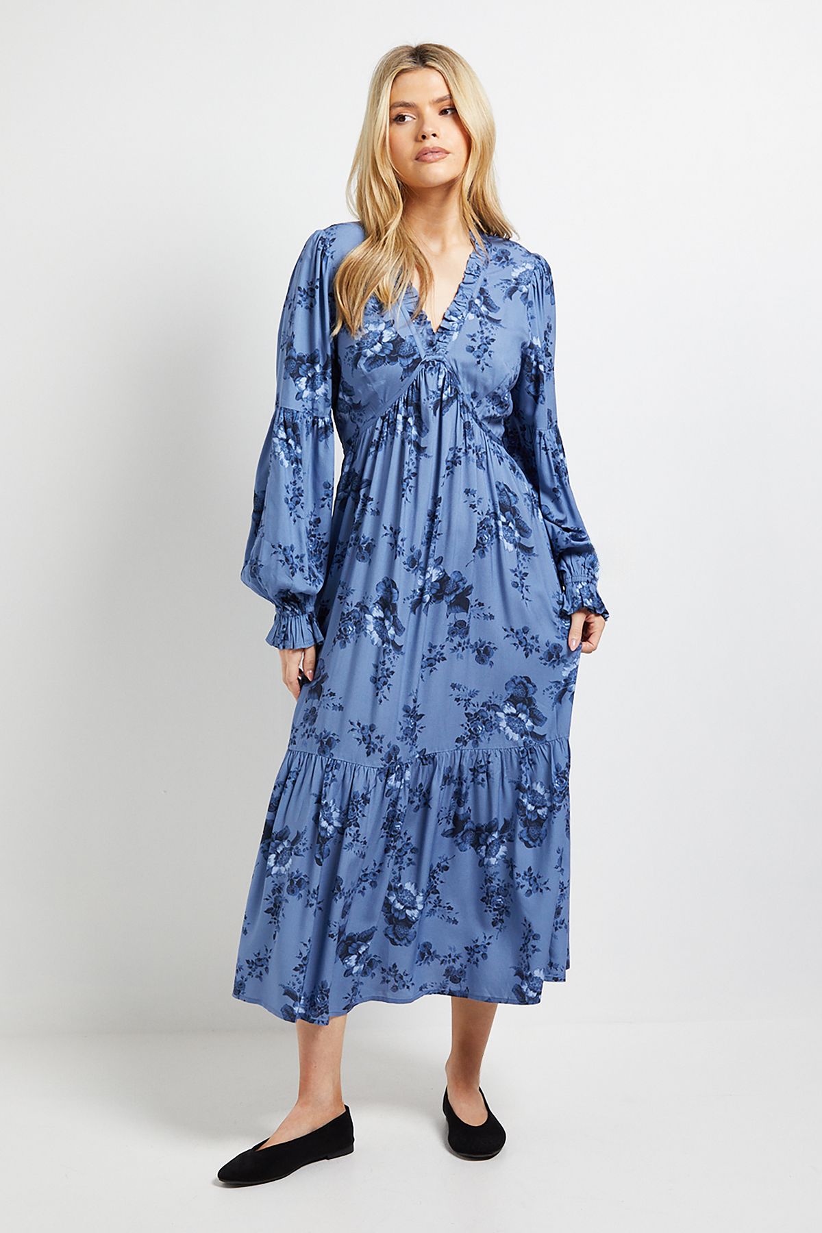 Blue Floral Empire Seam Frill Detail Midi Dress