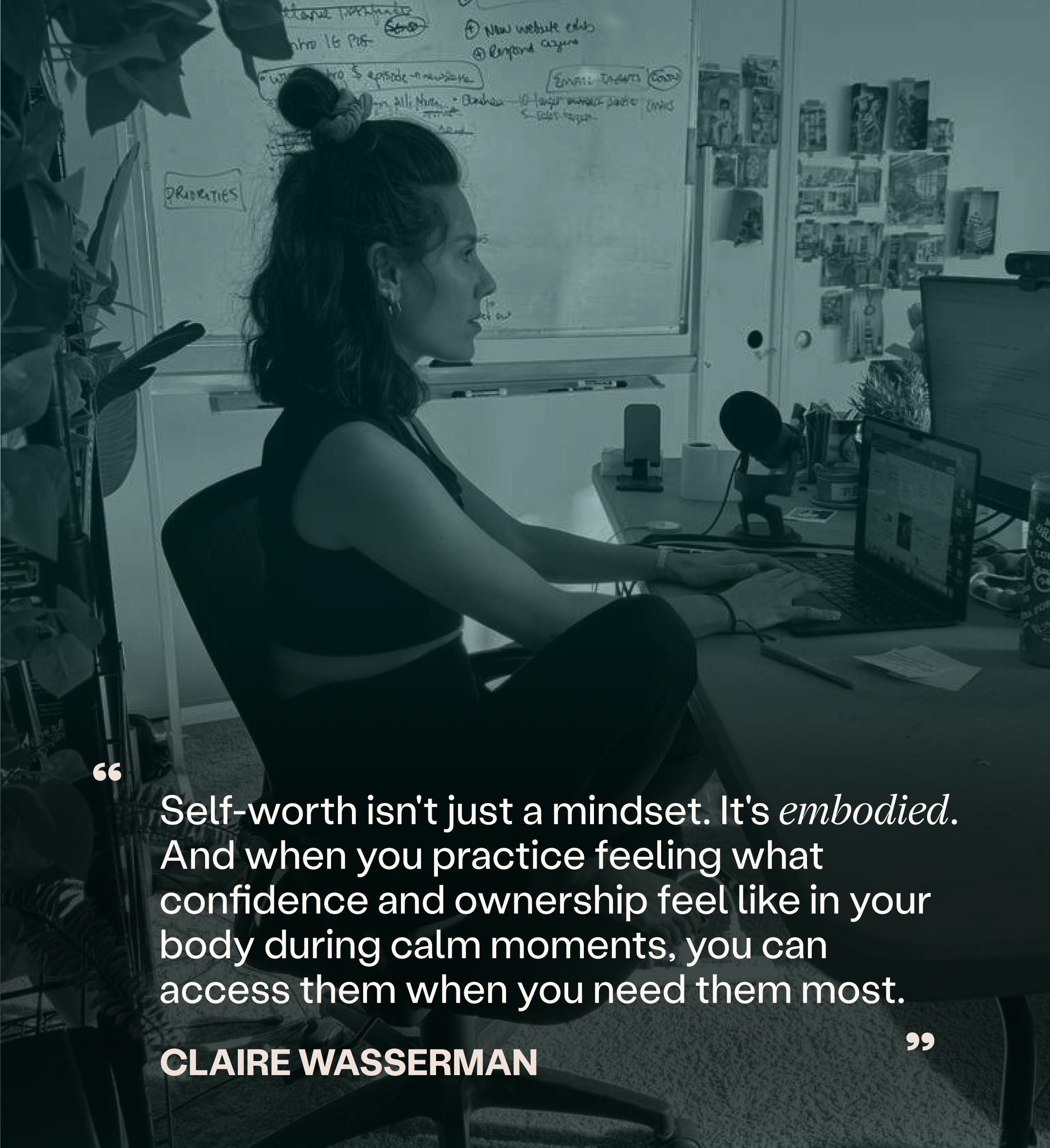 Photo of Claire working at a laptop wearing the Etalon Posture Bra