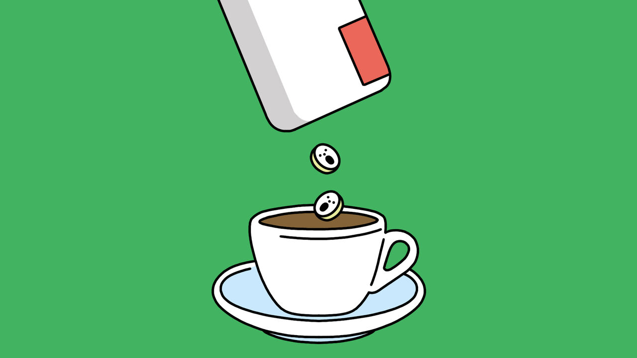 An illustration of artificial sweetners with shocked faces being dropped into a cup of coffee.