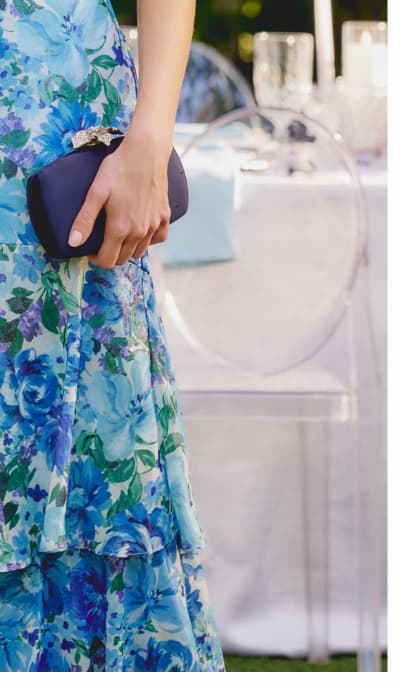 Tiered Metallic Floral Chiffon Halter Gown In Blue Multi