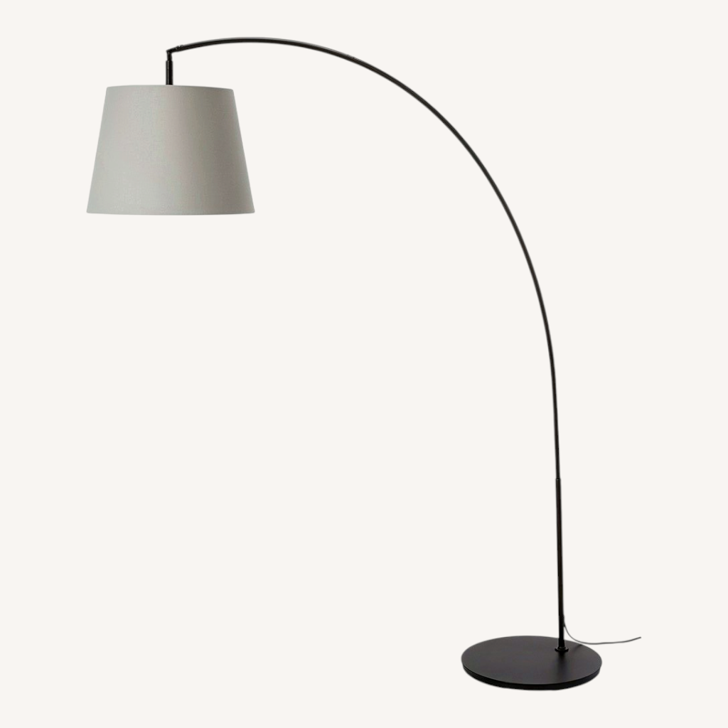 Image of Ikea Skaftet Arc Floor Lamp With Gray Fabric Shade