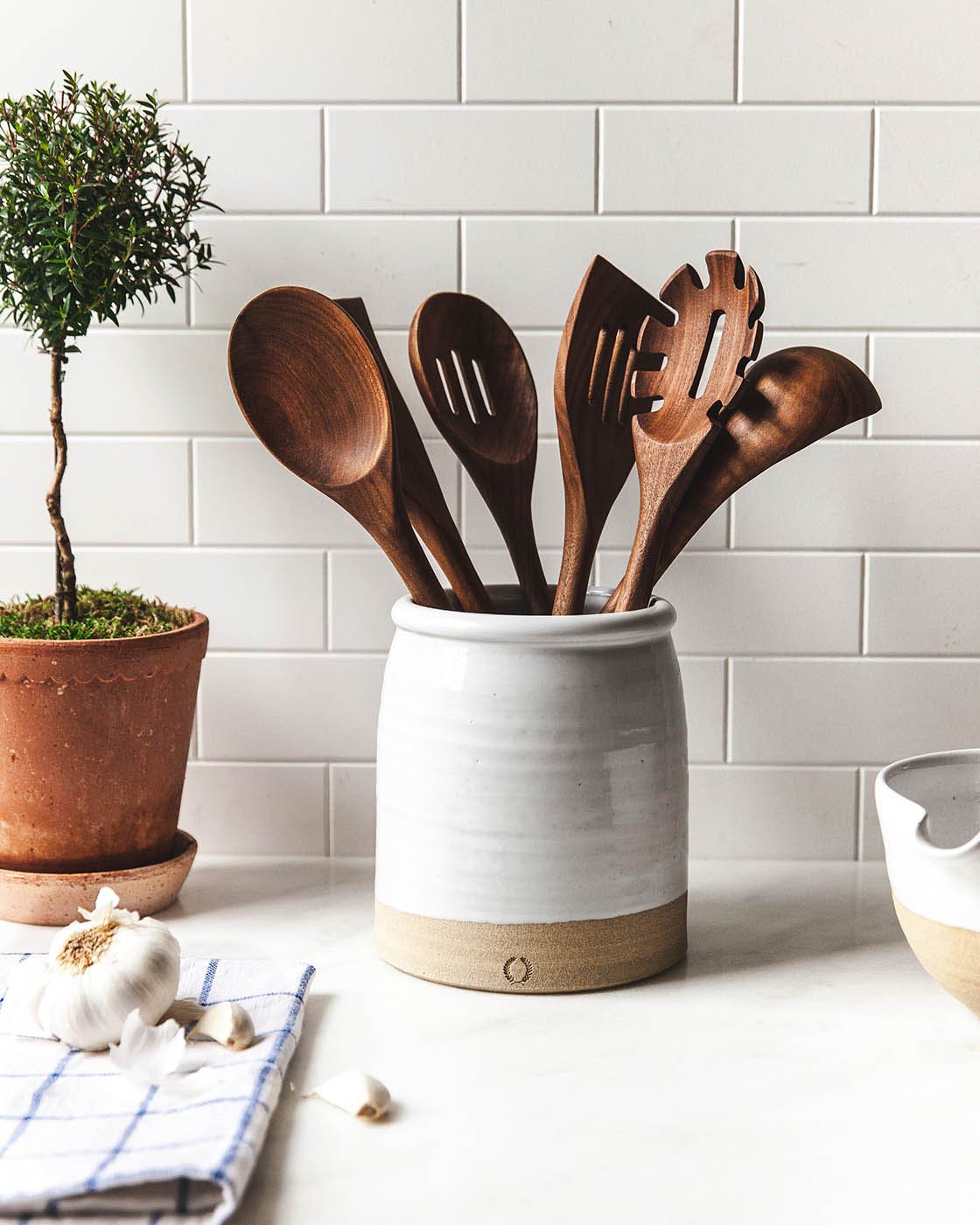 Farmhouse Pottery essential kitchen utensils on a Vermont counter
