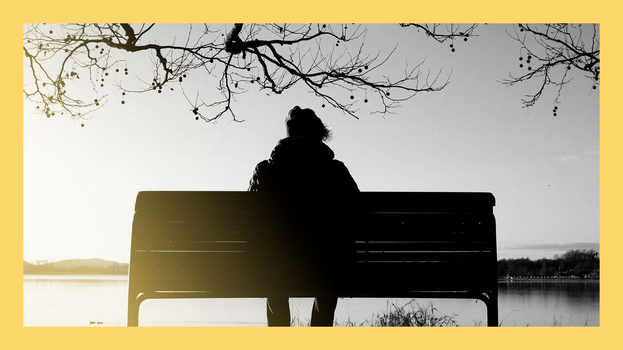 A person sits alone on a bench by the lake, surrounded by wintry bare trees and a quiet sunset.