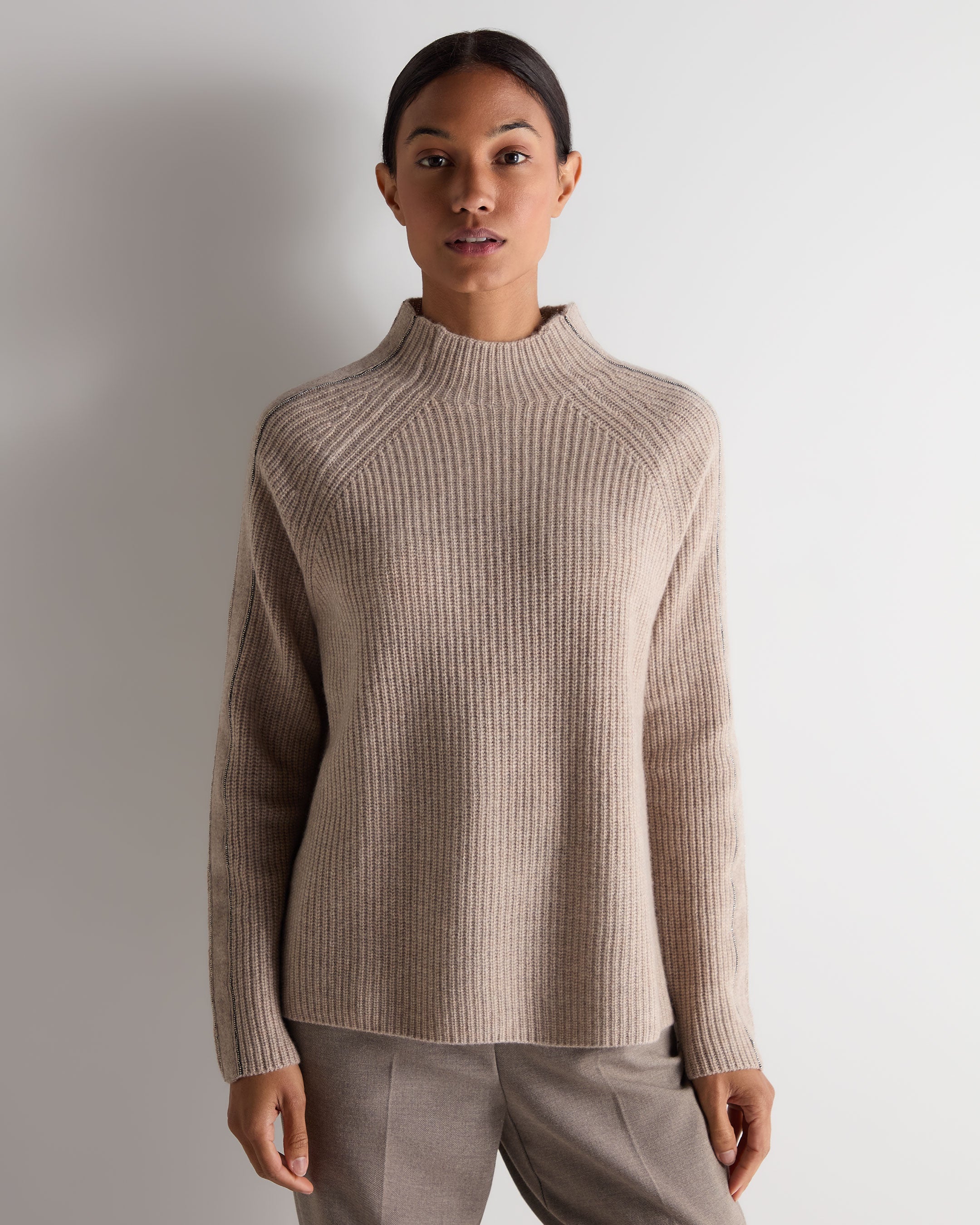Image of Women's Metal Funnel Neck Cashmere Sweater Oatmeal Brown