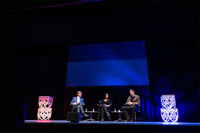 From left to right: Penn President J. Larry Jameson, Hamsa Bastani of the Wharton School, and César de la Fuente of Penn Medicine at the Annenberg Center for the Performing Arts. 