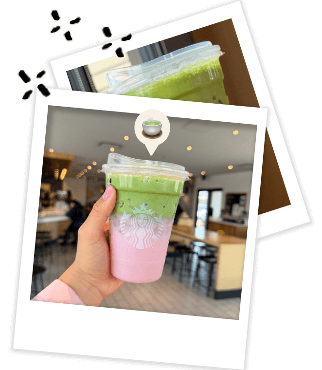 Polaroid stack: pink drink topped with green matcha cold foam + matcha latte emoji.
