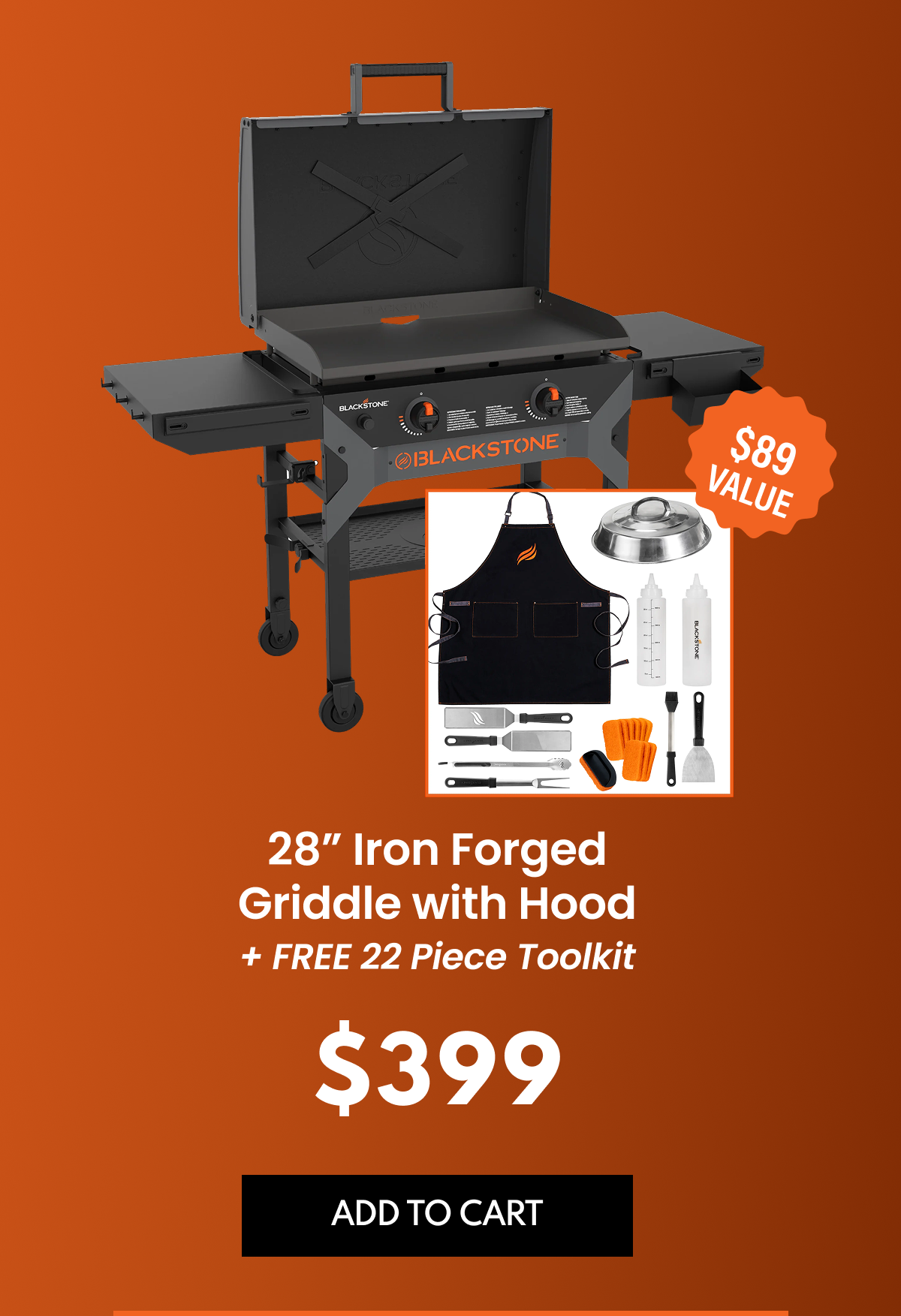 28” Iron Forged Griddle with Hood  + FREE 22 Piece Toolkit
