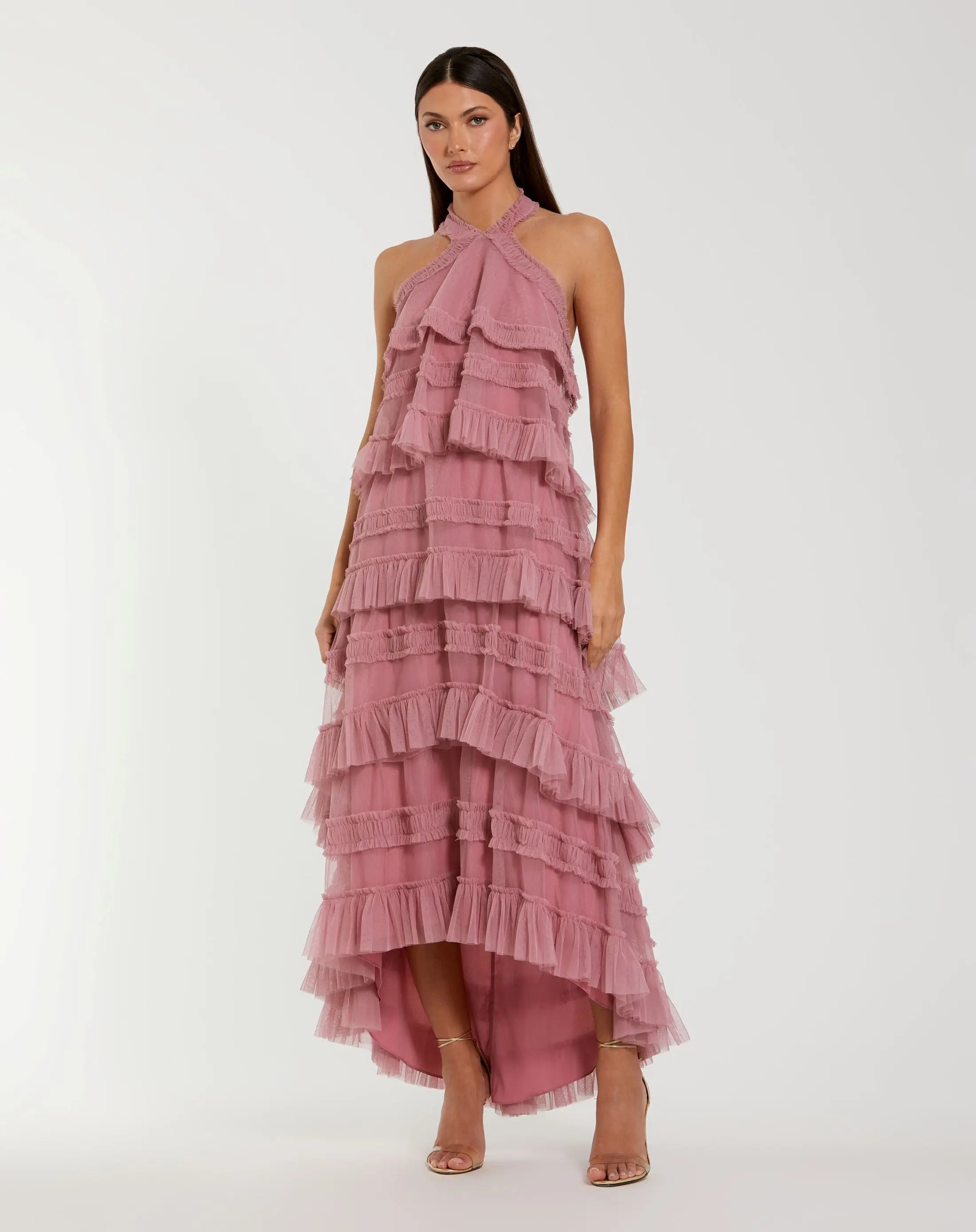 Image of Pink Tiered Ruffle Halter Neck Midi Dress