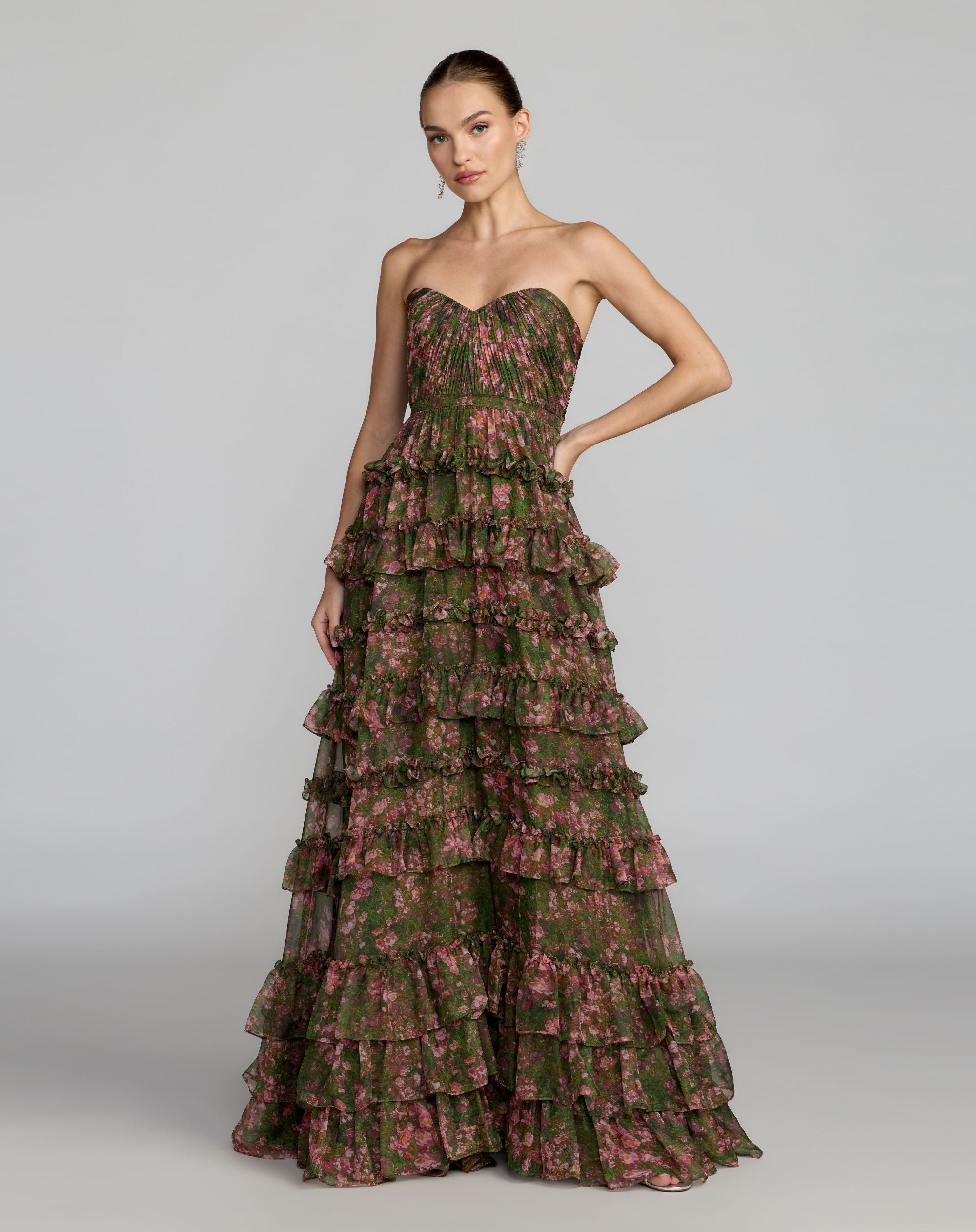 Image of Green Floral Strapless Tiered Ruffle Ball Gown