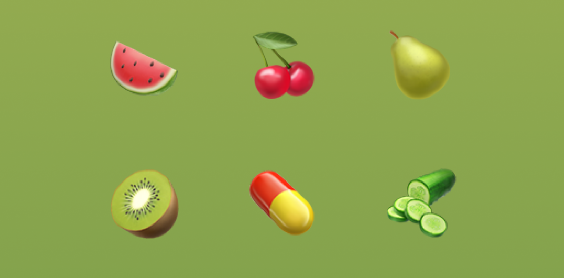 watermelon, cherries, pear, kiwi, pill, cucumber