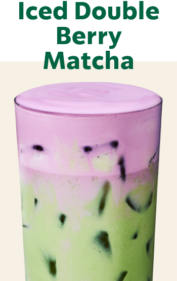 Iced Double Berry Matcha | Iced matcha drink topped with light purple cold foam in a glass.