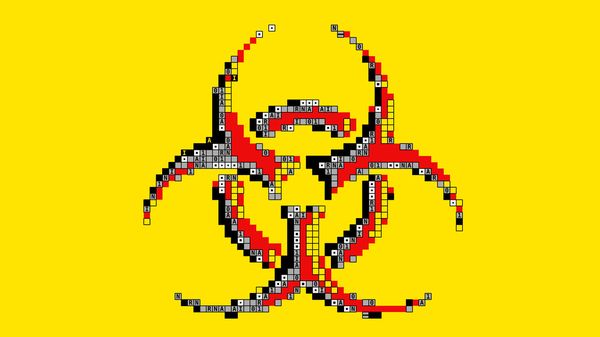 illustration of biohazard symbol in pixel art style on yellow background.