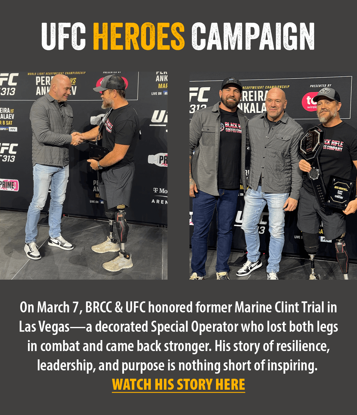 On March 7, BRCC & UFC honored former Marine Clint Trial in Las Vegas—a decorated Special Operator who lost both legs in combat and came back stronger. His story of resilience, leadership, and purpose is nothing short of inspiring. 