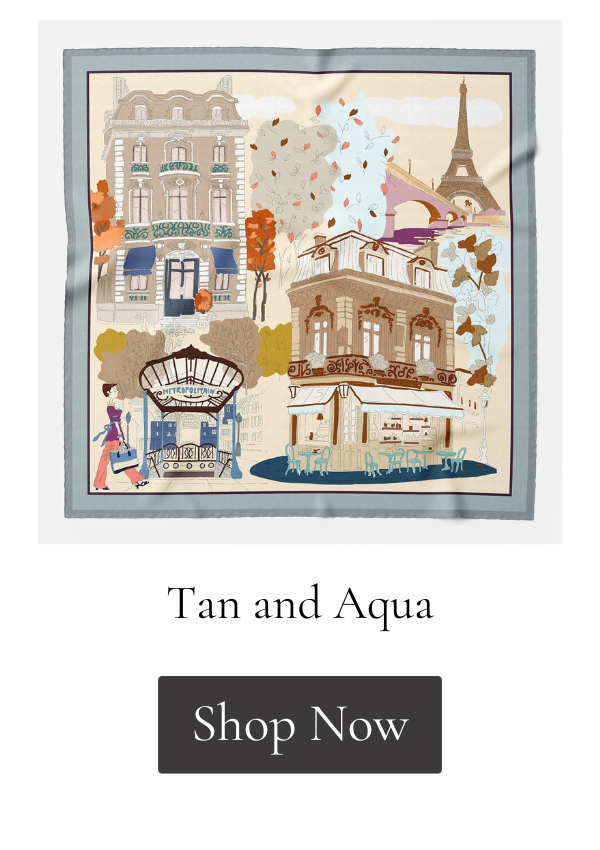 Parisian motif aqua and tan silk scarf