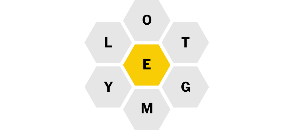A central yellow hexagon with the letter E, surrounded by six gray hexagons containing the letters O, T, G, M, Y and L.