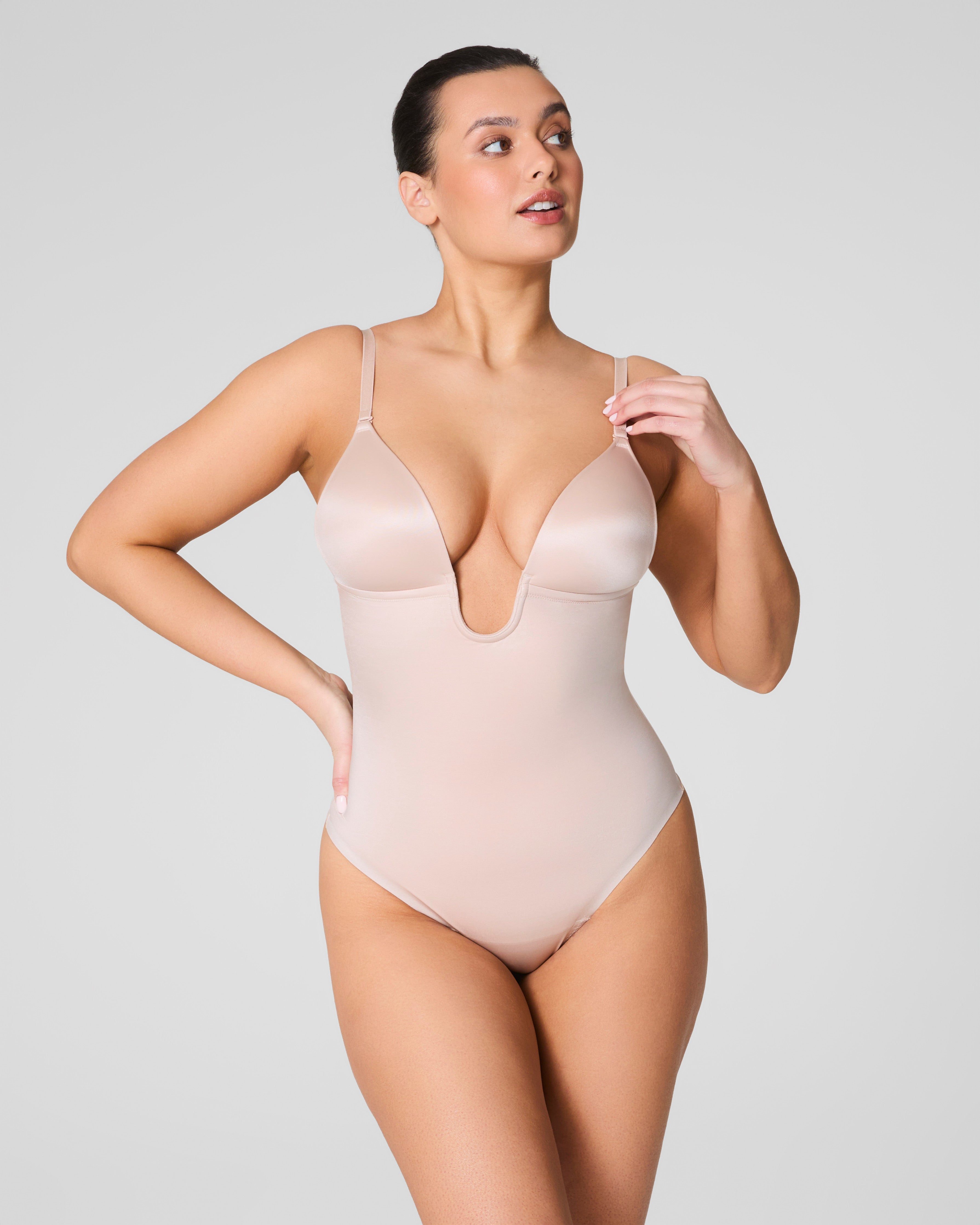 Image of Spanx Women's SPANXshape® Suit Your Fancy Plunge Low-Back Thong Bodysuit in Champagne Beige