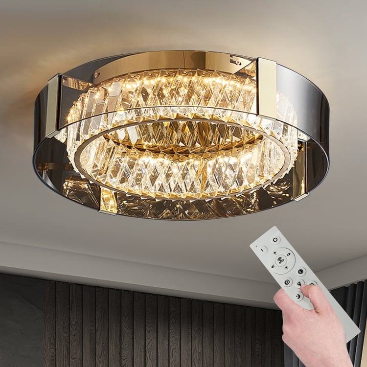 23.6" Crystal Dimmable Ceiling Lights 3 Modes LED Flush Mount Light with Remote Control