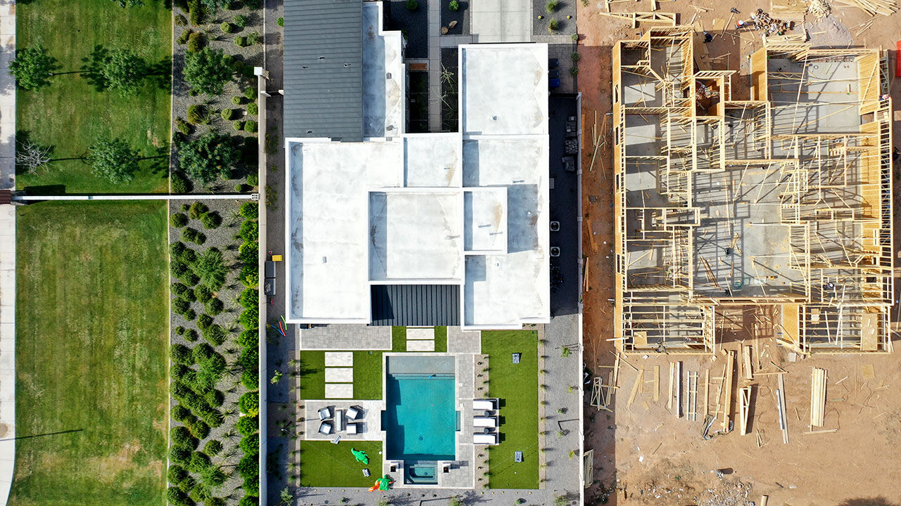 An aerial view of new homes under construction 