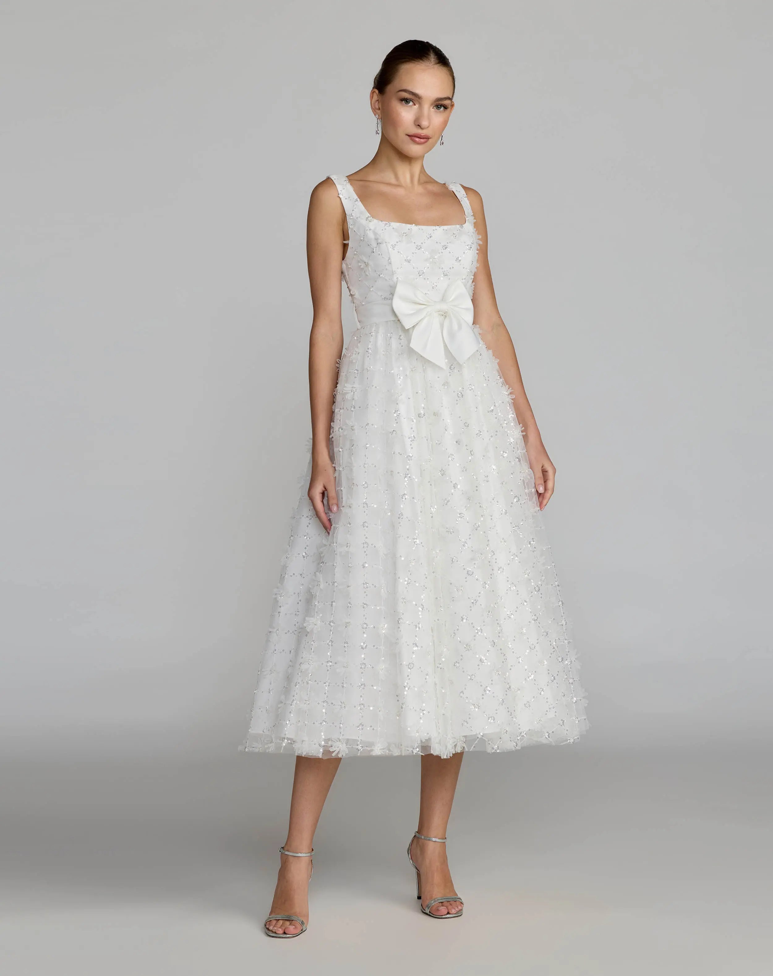 Image of White Embellished Tulle Midi Dress with Satin Bow