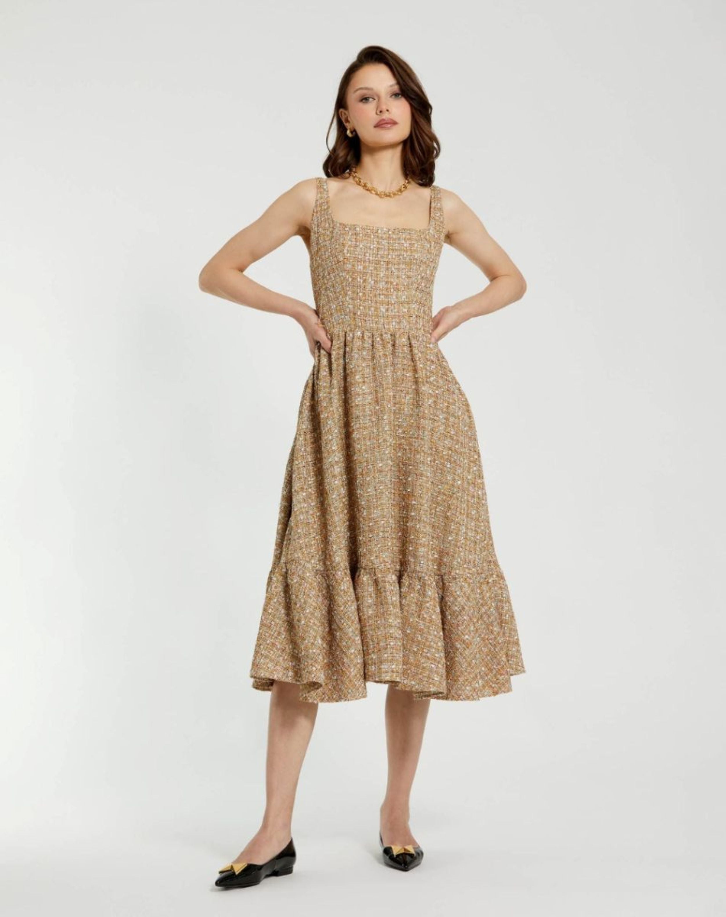 Image of Beige Boucle Sleeveless A-Line Midi Dress