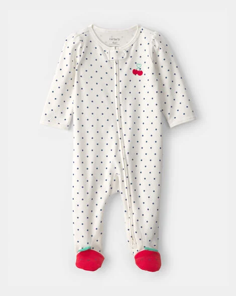Image of Baby Girl Cherry 2-Way Zip 100% Cotton Sleep & Play Pajama - White