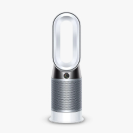 A silver Dyson air purifier on a light gray tile.