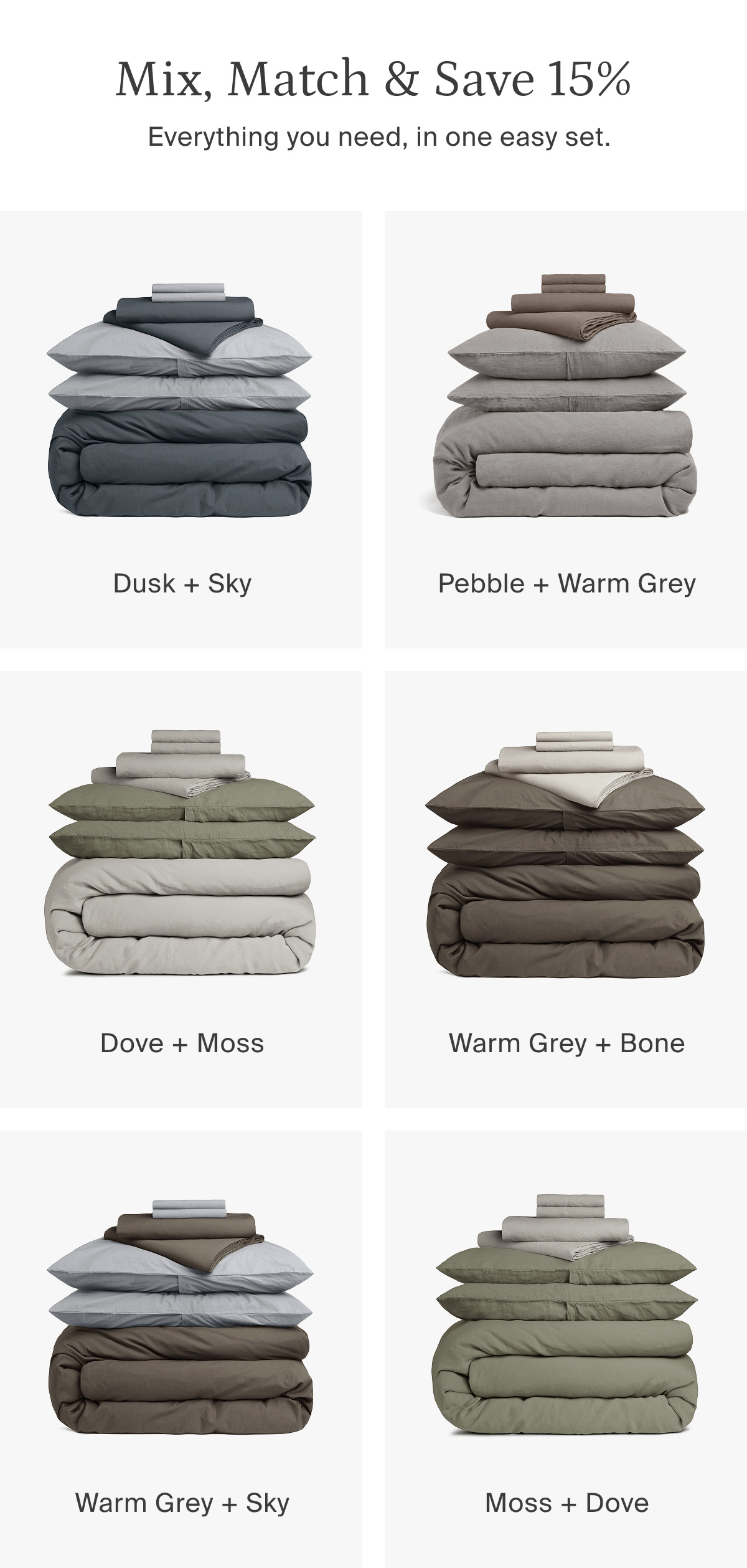mix, match and save, dusk & sky, pebble & warm grey, dove & moss, warm grey & bone, warm grey & sky, moss & dove