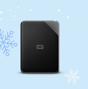 WD external hard drive on a light blue background with snowflakes.
