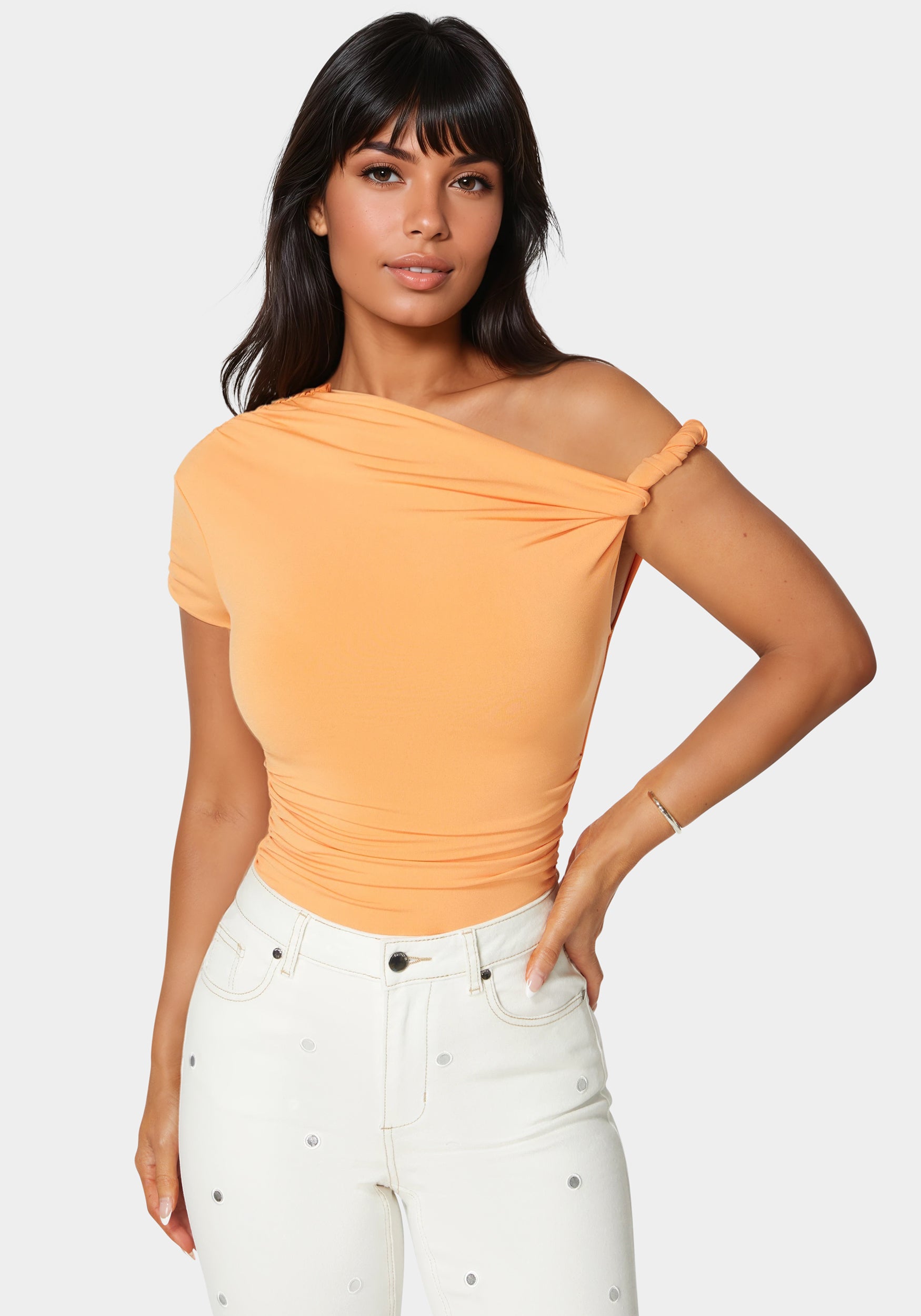 Image of Asymmetrical Shoulder Ruched Bodysuit