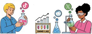 cartoon of people holders science beakers with bubbles of social media icons