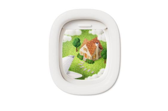 Illustration of a house and trees framed by an airplane window. 