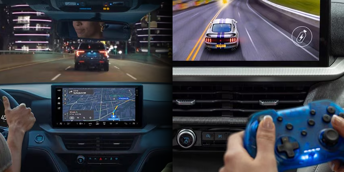 Two side-by-side images: a driver using embedded navigation and a passenger gaming on the go
