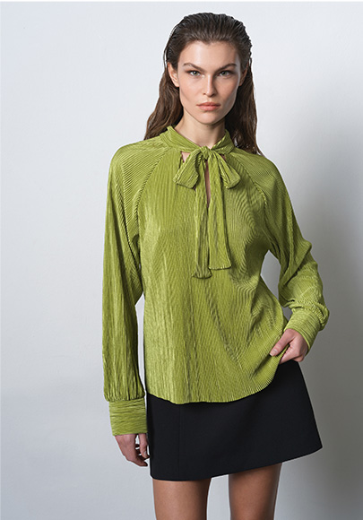 Rylah Plisse Long Sleeve Tie Neck Shirt