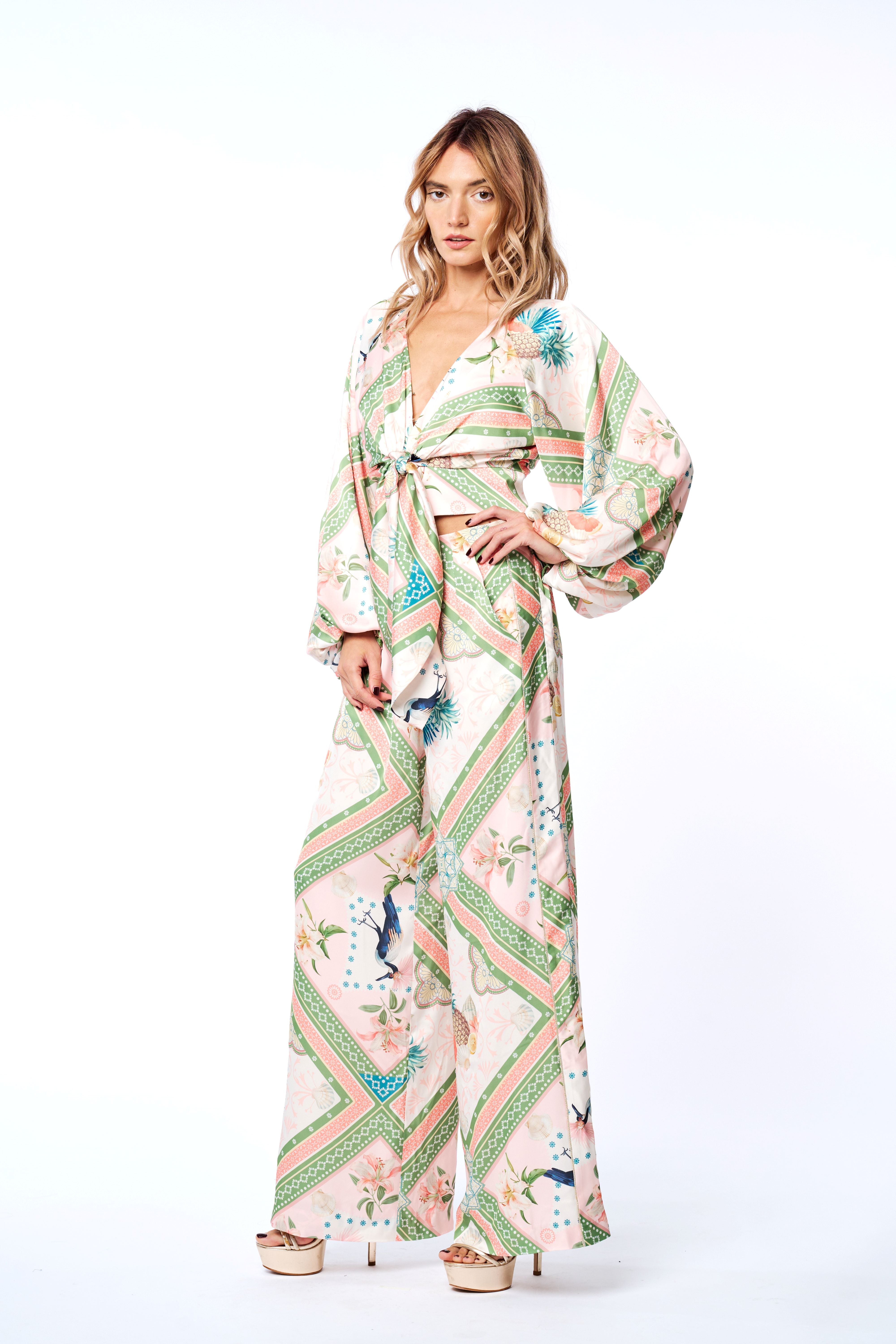 Image of Arkya Botanical Print Long Sleeve Tie-Front Top