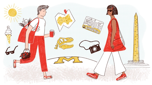 man with coffee, grocery bag and flowers and woman with sunglasses and purse walk around the M and Washington Monument, with sun, ice cream, sunglasses, map, dinosaur bones, camera and SmarTrip card in background