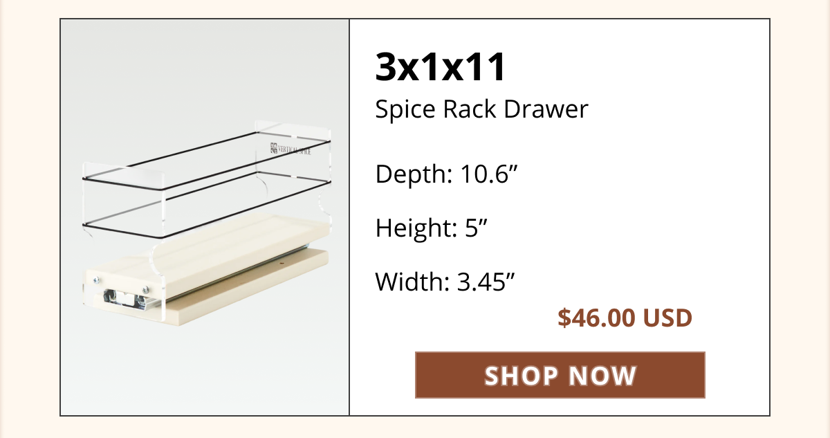 Vertical Spice 3x1x11 compact spice rack drawer with product image, dimensions, price, and a “Shop Now” button.