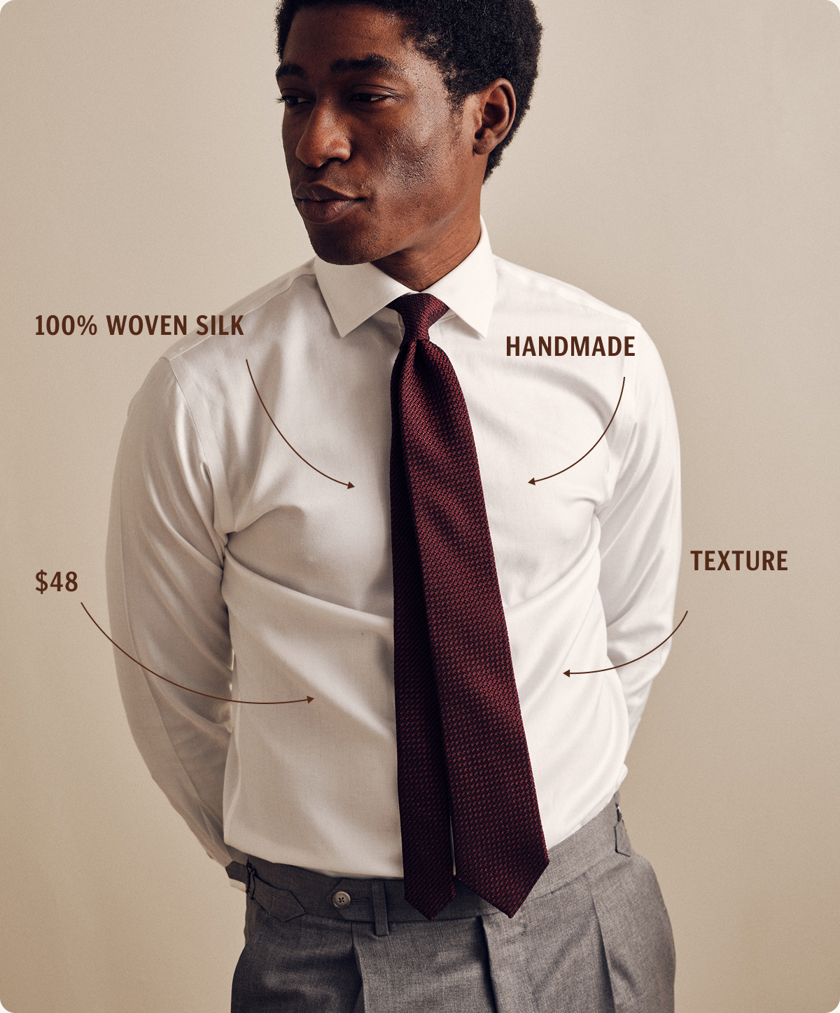 Grenadine Ties: 100% woven silk, handmade, texture, $48.