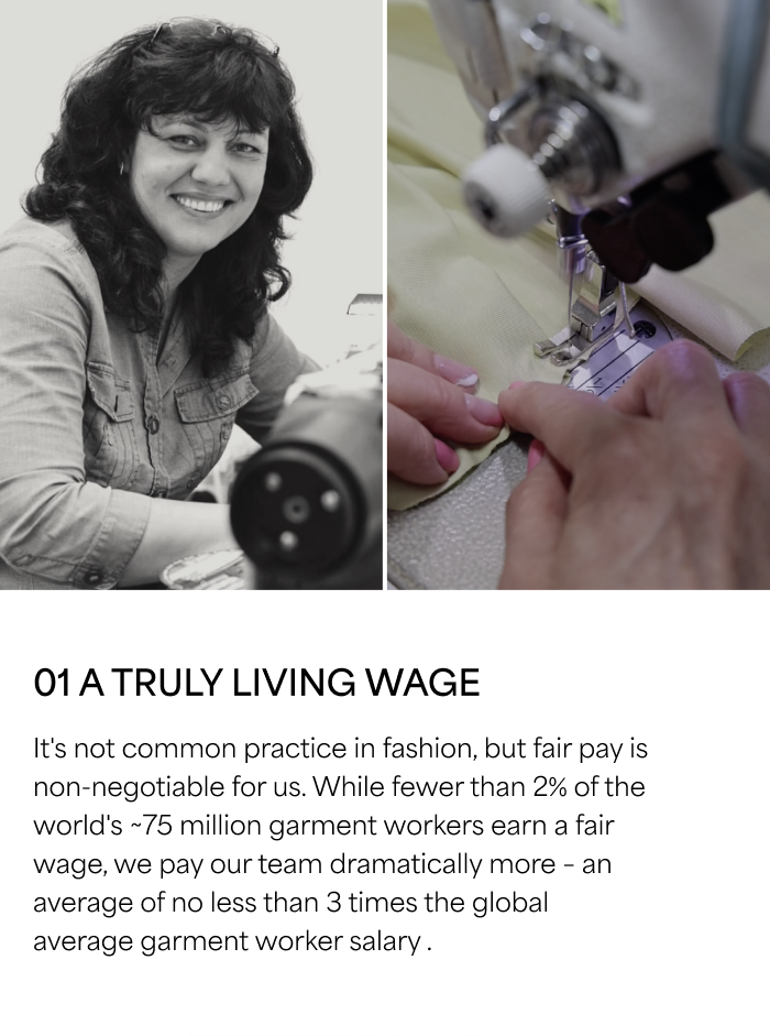01 A TRULY LIVING WAGE  It's not common practice in fashion, but fair pay is non-negotiable for us. While fewer than 2% of the world's ~75 million garment workers earn a fair wage, we pay our team dramatically more – an average of no less than 3 times the global average garment worker salary.