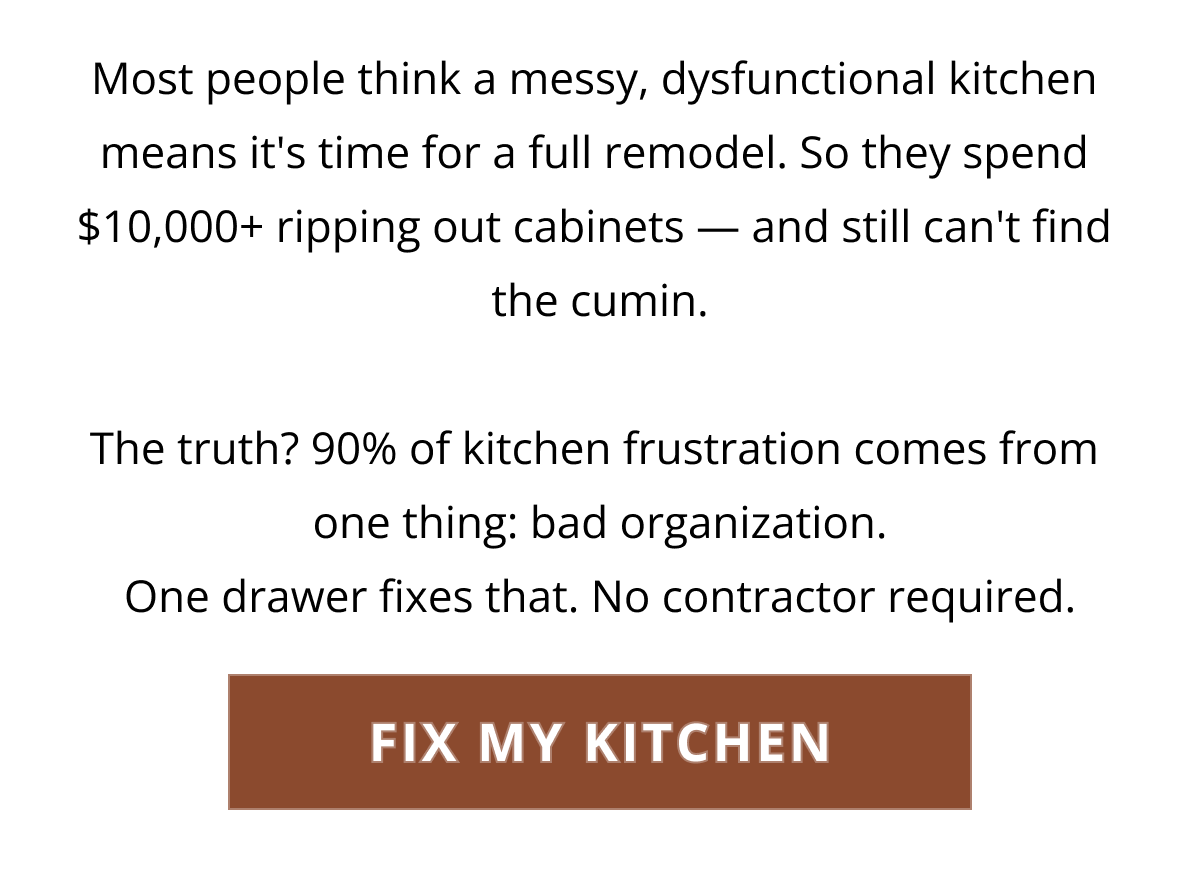Kitchen spice cabinet with pull-out organizer highlighting solution to cluttered cabinets and hard-to-find spices