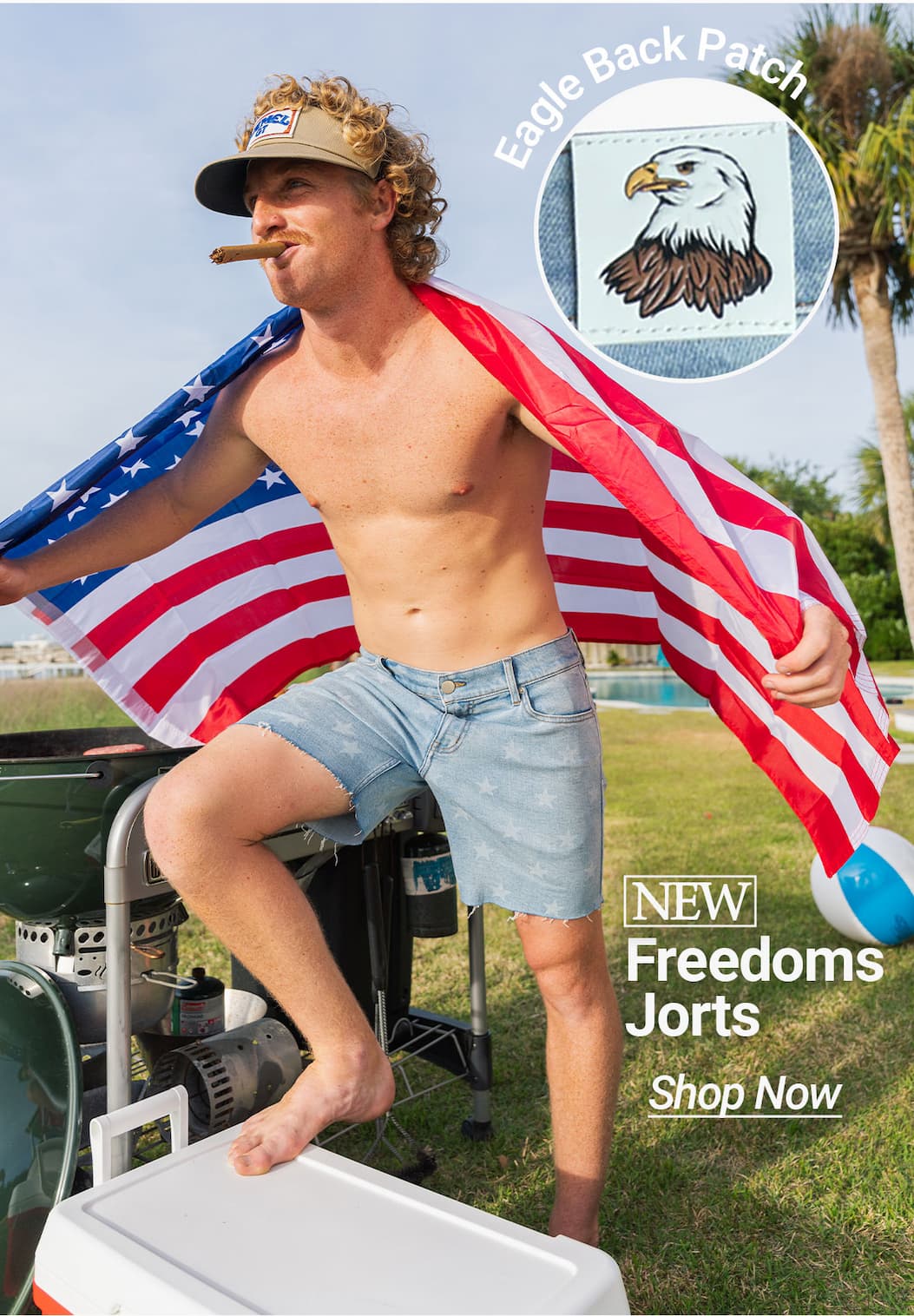 [IMG of man in Freedoms Jorts at a BBQ with American flag.] Eagle back patch. NEW Freedoms Jorts