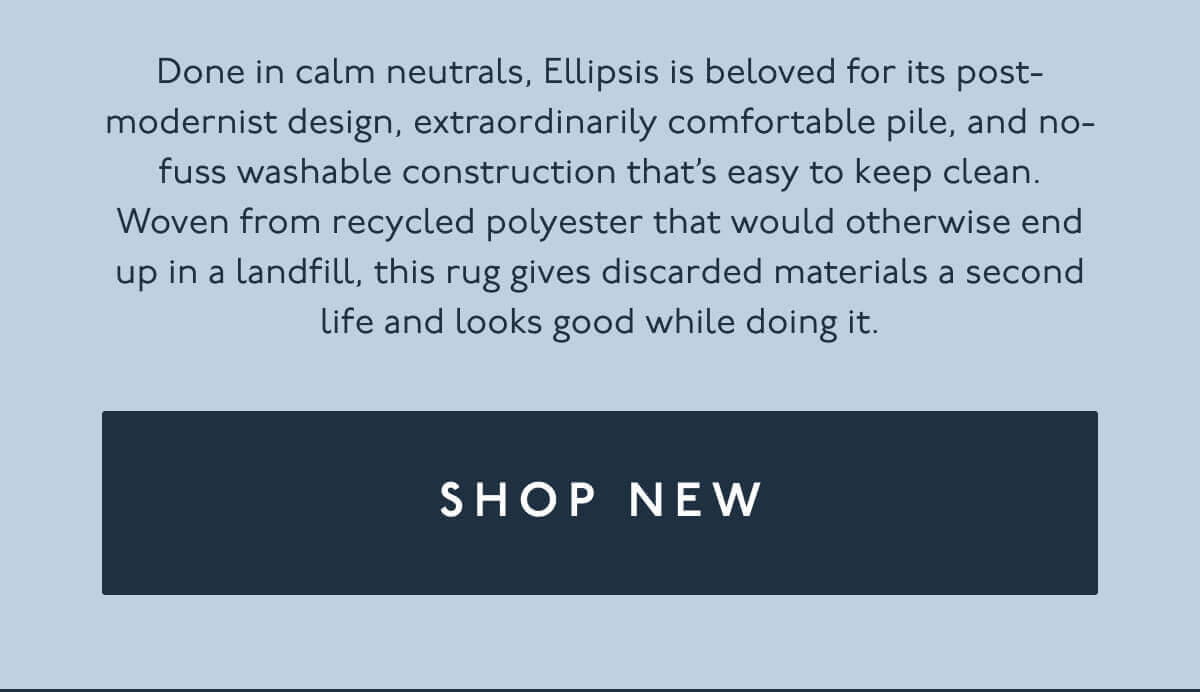 Done in calm neutrals, Ellipsis is beloved for its post-modernist design, extraordinarily comfortable pile, and no-fuss washable construction that’s easy to keep clean. Woven from recycled polyester that would otherwise end up in a landfill, this rug gives discarded materials a second life and looks good while doing it. | [ SHOP NEW ]