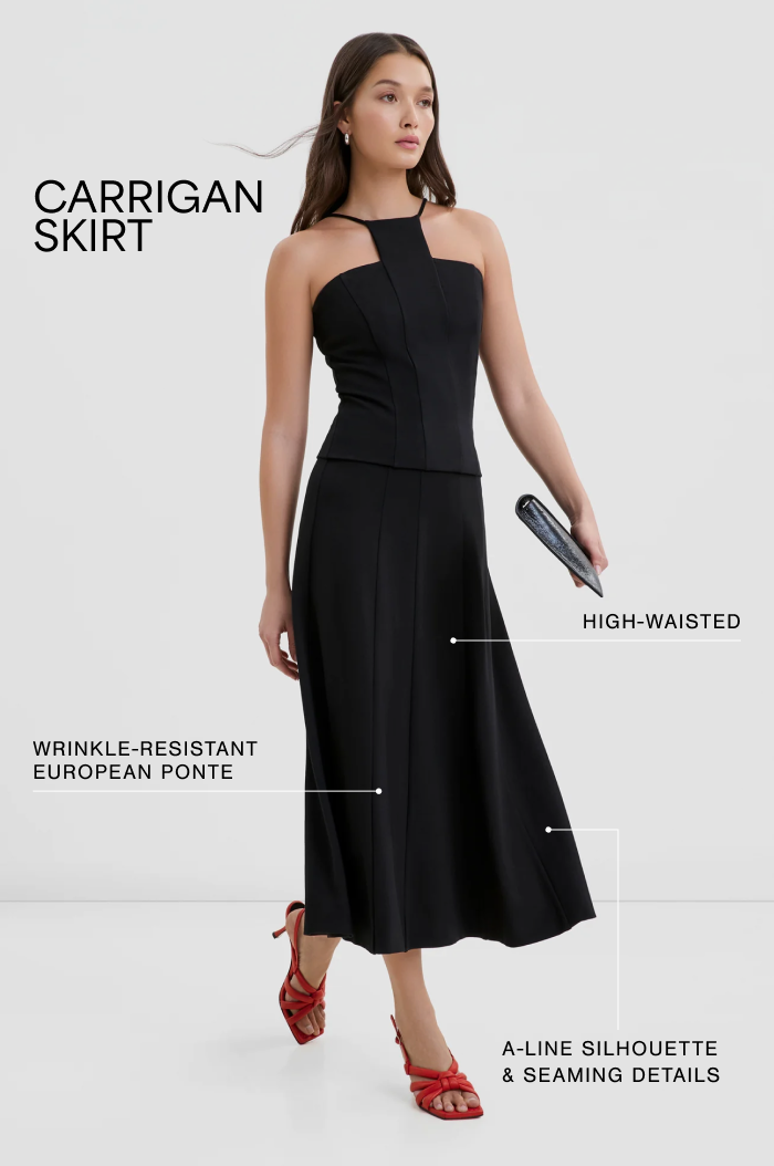An image of The Carrigan Skirt on Yada with high-waisted fit, wrinkle-resistant European ponte fabric, and A-line silhouette labeled.