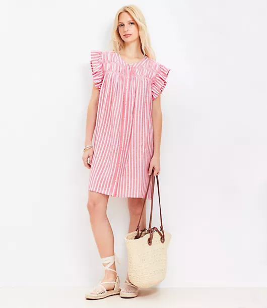 Striped Linen Blend Flutter Shirtdress