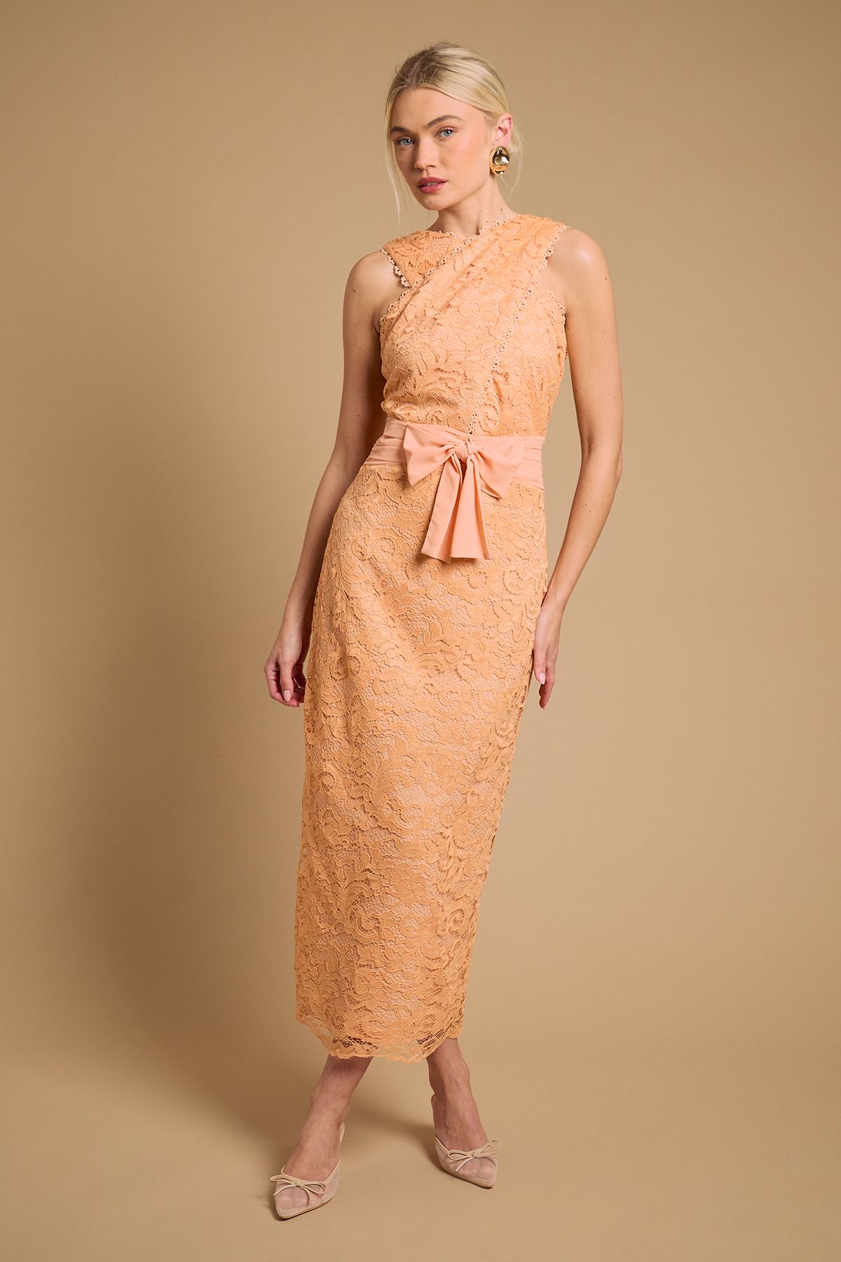 Embroidered Mesh Lace Halterneck Midi Dress